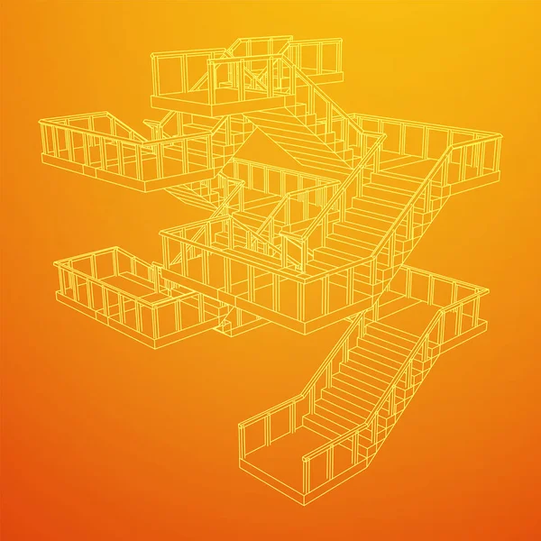 Escaleras de Wireframe, escaleras interiores escalones con barandilla — Archivo Imágenes Vectoriales
