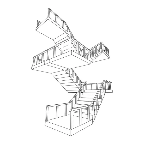 Wireframe lépcső, belső lépcső lépcső korláttal — Stock Vector