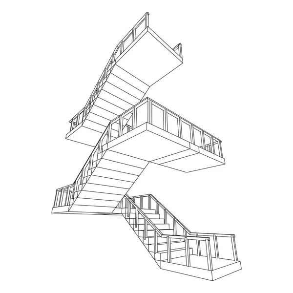 Wireframe stairs, interior staircases steps with railing — Stock Vector