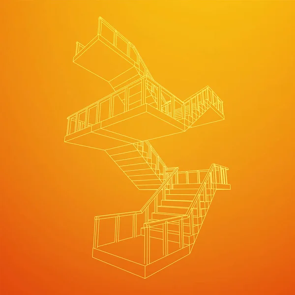 ワイヤーフレーム階段手すり付きの内部階段階段 — ストックベクタ