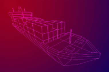 Yük konteynırlarıyla dolu ağır bir kargo gemisi. Kablo çerçevesi düşük poli ağ vektör çizimi.