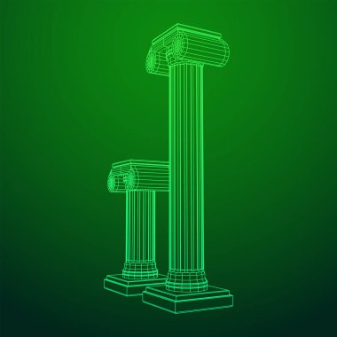 Yunan iyonik sütunu. Antik sütunlar Roma antika mimarisi inşaat dekorasyonu. Kablo çerçevesi düşük poli ağ vektör çizimi.
