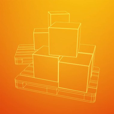 Kargo paleti, karton kutularla dolu bir depo için. Lojistik nakliye konsepti. Kablo çerçevesi düşük poli ağ vektör çizimi.