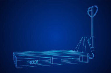 El paleti kaldırma. Depo için kargo paleti olan el yapımı forklift. Lojistik nakliye konsepti. Kablo çerçevesi düşük poli ağ vektör çizimi.