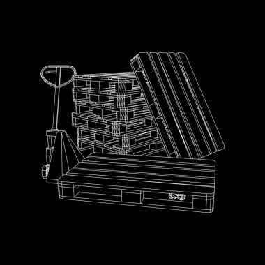 El paleti kaldırma. Depo için kargo paleti olan el yapımı forklift. Lojistik nakliye konsepti. Kablo çerçevesi düşük poli ağ vektör çizimi.