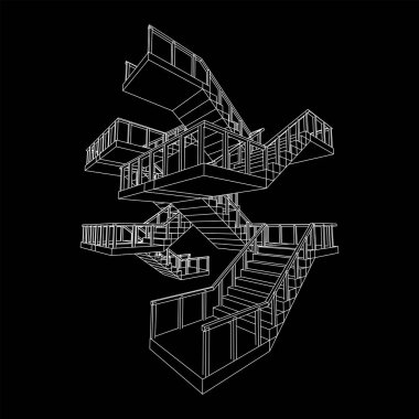 Kablo çerçeveli merdivenler, korkuluklu merdiven merdivenleri. Kablo çerçevesi düşük poli ağ vektör çizimi.