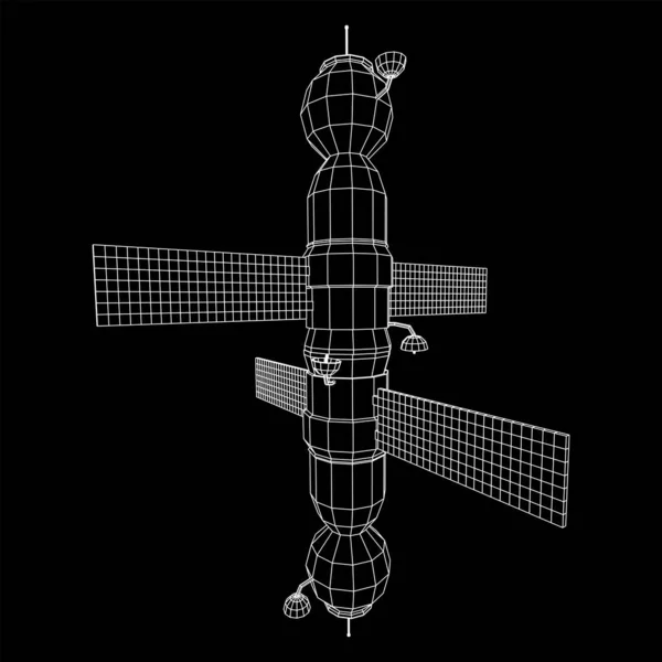 Space Station Communications Satellite Wireframe Low Poly Mesh Vector Illustration — Stock Vector