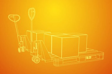 Palet ve karton kutular ile el kaldırma. Elle kaldırma. Lojistik nakliye konsepti. Kablo çerçevesi düşük poli ağ vektör çizimi.