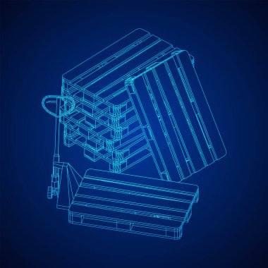 El paleti kaldırma. Depo için kargo paleti olan el yapımı forklift. Lojistik nakliye konsepti. Kablo çerçevesi düşük poli ağ vektör çizimi.