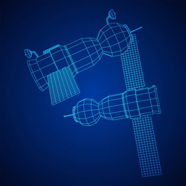 Uzay istasyonu iletişim uydusu. Kablo çerçevesi düşük poli ağ vektör çizimi.