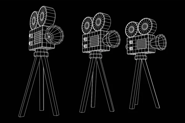 多边形相机投影仪 电影时间 放映电影节的概念 线框低网目矢量图解 — 图库矢量图片