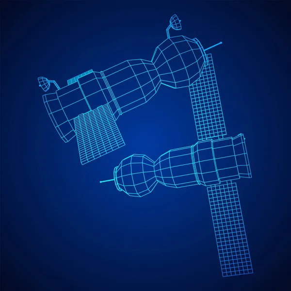 Uzay istasyonu iletişim uydusu. Kablo çerçevesi düşük poli ağ vektör çizimi.