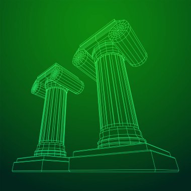 Yunan iyonik sütunu. Antik sütunlar Roma antika mimarisi inşaat dekorasyonu. Kablo çerçevesi düşük poli ağ vektör çizimi.