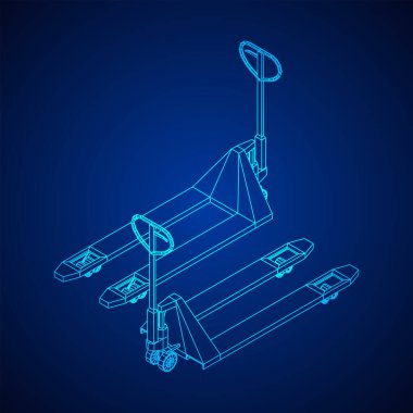 El paleti kaldırma. Elle kaldırma. Lojistik nakliye konsepti. Kablo çerçevesi düşük poli ağ vektör çizimi.
