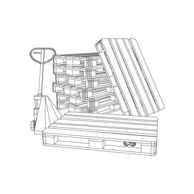 El paleti kaldırma. Depo için kargo paleti olan el yapımı forklift. Lojistik nakliye konsepti. Kablo çerçevesi düşük poli ağ vektör çizimi.