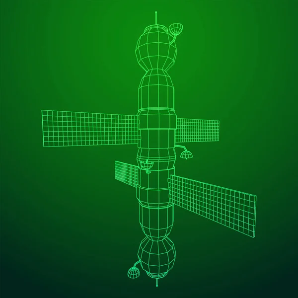 Δορυφόρος Επικοινωνιών Διαστημικού Σταθμού Wireframe Απεικόνιση Φορέων Χαμηλού Πολυ Πλέγματος — Διανυσματικό Αρχείο