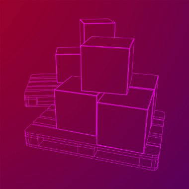 Kargo paleti, karton kutularla dolu bir depo için. Lojistik nakliye konsepti. Kablo çerçevesi düşük poli ağ vektör çizimi.