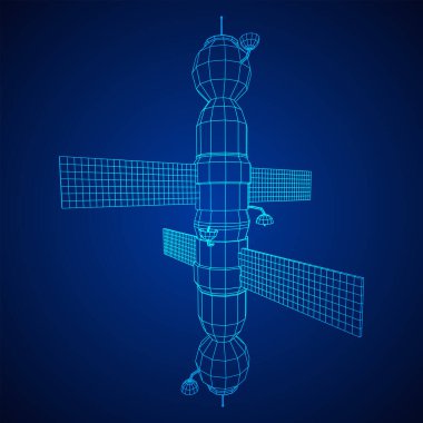 Uzay istasyonu iletişim uydusu. Kablo çerçevesi düşük poli ağ vektör çizimi.