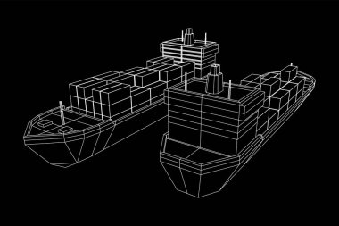 Yük konteynırlarıyla dolu ağır bir kargo gemisi. Kablo çerçevesi düşük poli ağ vektör çizimi.