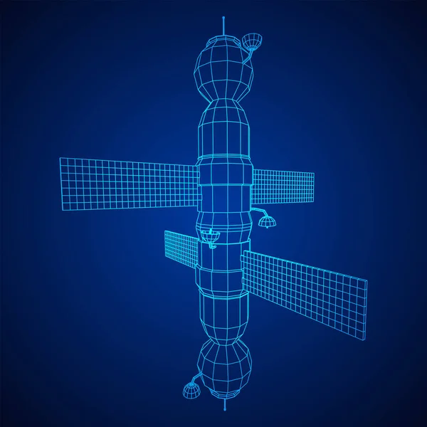 Uzay istasyonu iletişim uydusu. Kablo çerçevesi düşük poli ağ vektör çizimi.