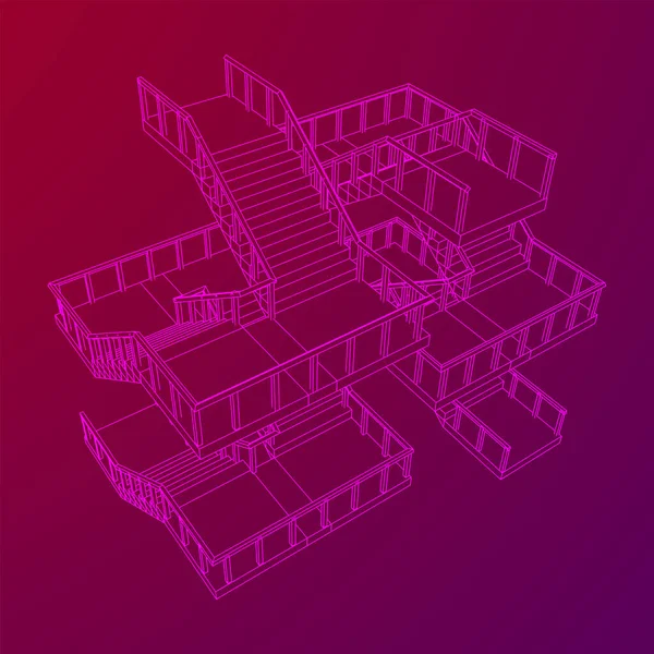 Escaleras Wireframe Escaleras Interiores Escalones Con Barandilla Ilustración Vectores Malla — Vector de stock