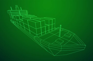 Yük konteynırlarıyla dolu ağır bir kargo gemisi. Kablo çerçevesi düşük poli ağ vektör çizimi.
