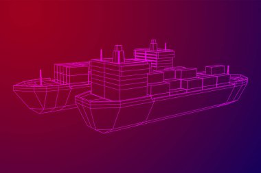 Yük konteynırlarıyla dolu ağır bir kargo gemisi. Kablo çerçevesi düşük poli ağ vektör çizimi.