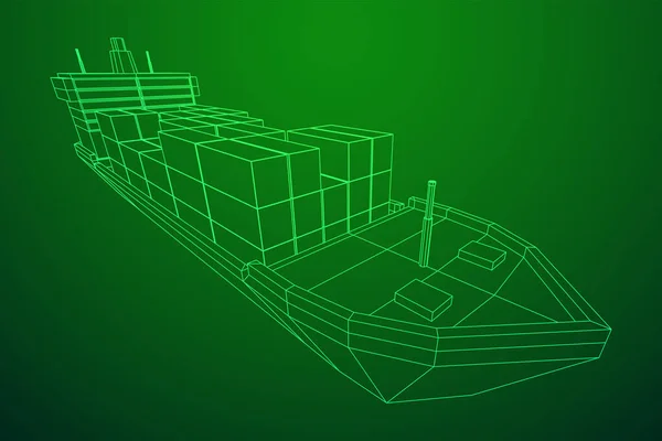 Ömlesztettáru Szállító Nehéz Száraz Teherhajója Konténerekkel Wireframe Alacsony Poly Hálós — Stock Vector