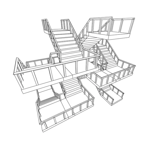 Escadas Armação Degraus Escadas Interiores Com Corrimão Wireframe Baixo Poli — Vetor de Stock