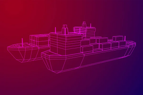 貨物コンテナとばら積み貨物船の重いドライ貨物船 ワイヤーフレーム低ポリメッシュベクトルイラスト — ストックベクタ