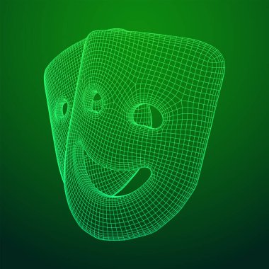 Tiyatro, trajediyi ve komedi karakterini maskeler. Kablo çerçevesi düşük poli ağ vektör çizimi.