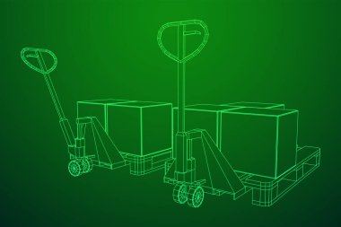 Palet ve karton kutular ile el kaldırma. Elle kaldırma. Lojistik nakliye konsepti. Kablo çerçevesi düşük poli ağ vektör çizimi.