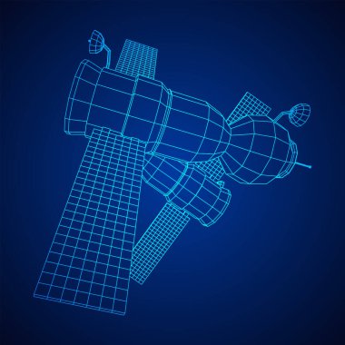 Uzay istasyonu iletişim uydusu. Kablo çerçevesi düşük poli ağ vektör çizimi.