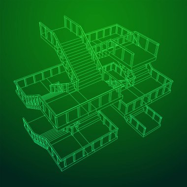 Kablo çerçeveli merdivenler, korkuluklu merdiven merdivenleri. Kablo çerçevesi düşük poli ağ vektör çizimi.