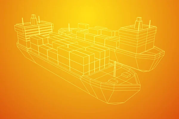 Tunga Torrlastfartyg Med Bulkfartyg Och Fraktcontainrar Wireframe Låg Poly Mesh — Stock vektor