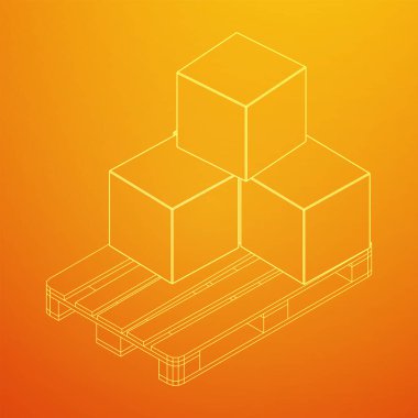 Kargo paleti, karton kutularla dolu bir depo için. Lojistik nakliye konsepti. Kablo çerçevesi düşük poli ağ vektör çizimi.