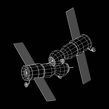 Uzay istasyonu iletişim uydusu. Kablo çerçevesi düşük poli ağ vektör çizimi.