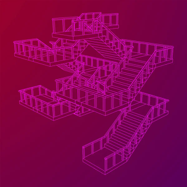 Escaleras Wireframe Escaleras Interiores Escalones Con Barandilla Ilustración Vectores Malla — Vector de stock