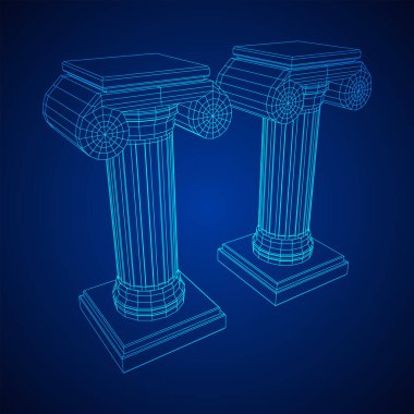 Yunan iyonik sütunu. Antik sütunlar Roma antika mimarisi inşaat dekorasyonu. Kablo çerçevesi düşük poli ağ vektör çizimi.