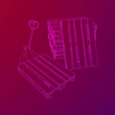 El paleti kaldırma. Depo için kargo paleti olan el yapımı forklift. Lojistik nakliye konsepti. Kablo çerçevesi düşük poli ağ vektör çizimi.