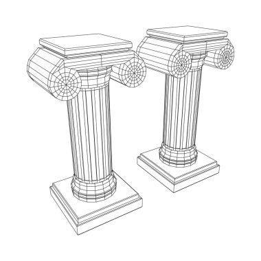 Yunan iyonik sütunu. Antik sütunlar Roma antika mimarisi inşaat dekorasyonu. Kablo çerçevesi düşük poli ağ vektör çizimi.