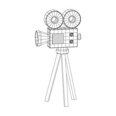 Çokgen kamera projektörü. Film zamanı. Film festivali konseptini göster. Kablo çerçevesi düşük poli ağ vektör çizimi.