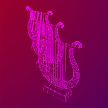 Antik lir ya da arp enstrümanı. Müzik konsepti. Kablo çerçevesi düşük poli ağ vektör çizimi.