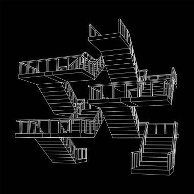 Kablo çerçeveli merdivenler, korkuluklu merdiven merdivenleri. Kablo çerçevesi düşük poli ağ vektör çizimi.