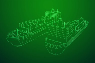 Yük konteynırlarıyla dolu ağır bir kargo gemisi. Kablo çerçevesi düşük poli ağ vektör çizimi.