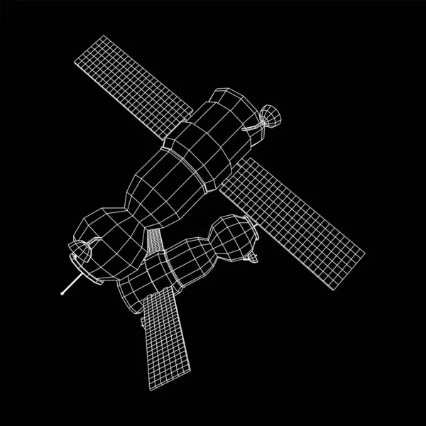 Estación Espacial Satélite Comunicaciones Ilustración Vectores Malla Polivinílica Baja Wireframe — Vector de stock