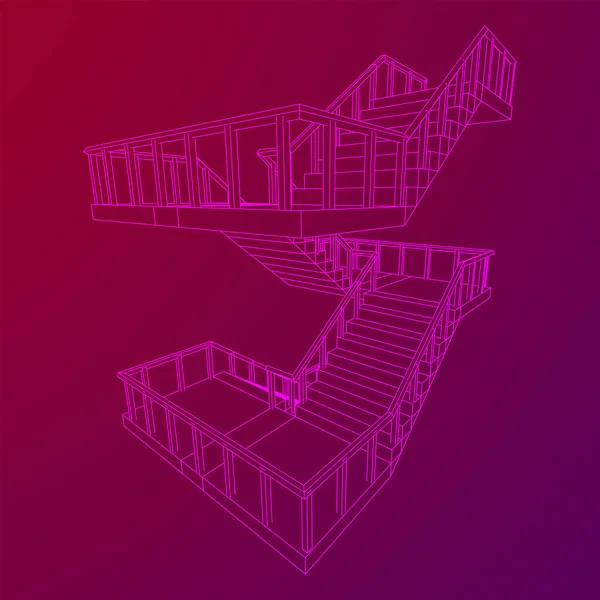 Escaleras Wireframe Escaleras Interiores Escalones Con Barandilla Ilustración Vectores Malla — Archivo Imágenes Vectoriales