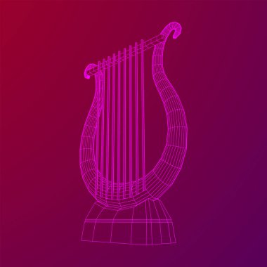 Antik lir ya da arp enstrümanı. Müzik konsepti. Kablo çerçevesi düşük poli ağ vektör çizimi.