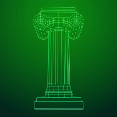 Yunan iyonik sütunu. Antik sütunlar Roma antika mimarisi inşaat dekorasyonu. Kablo çerçevesi düşük poli ağ vektör çizimi.
