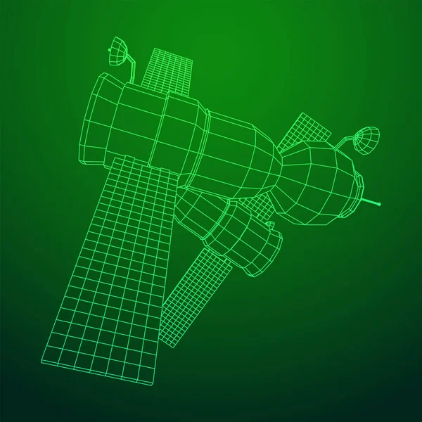 Uzay istasyonu iletişim uydusu. Kablo çerçevesi düşük poli ağ vektör çizimi.